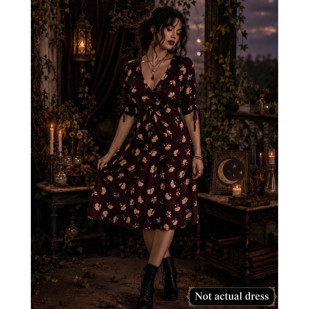 Women Whimsigoth Dark Floral Babydoll V-Neck Dress S Earthy Romantic Fall Maroon